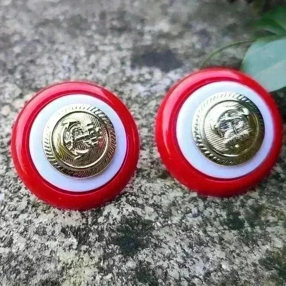 Vintage anchor  earrings red white gold colors - Picture 10 of 13